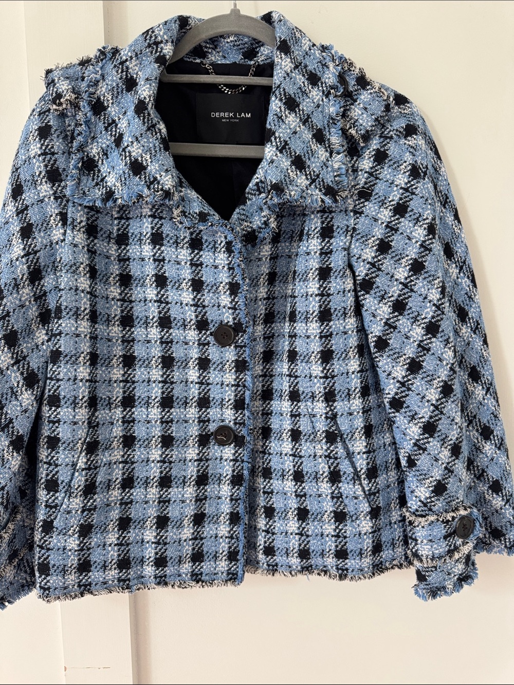 Derek Lam Light Blue & Black Plaid Tweed Blazer